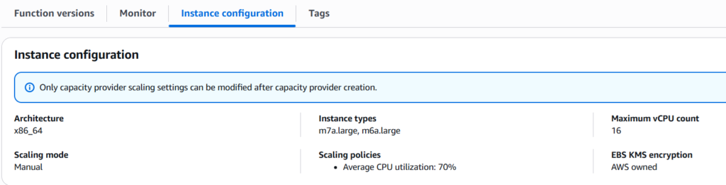 First part of the Capacity Provider instance configuration for Lambda Managed Instance
