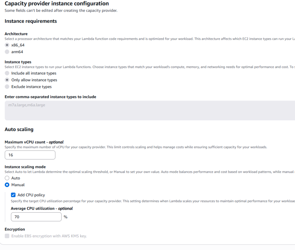 Second part of the Capacity Provider instance configuration for Lambda Managed Instance
