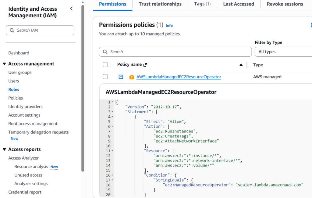 Permission policies for AWS Lambda to access EC2