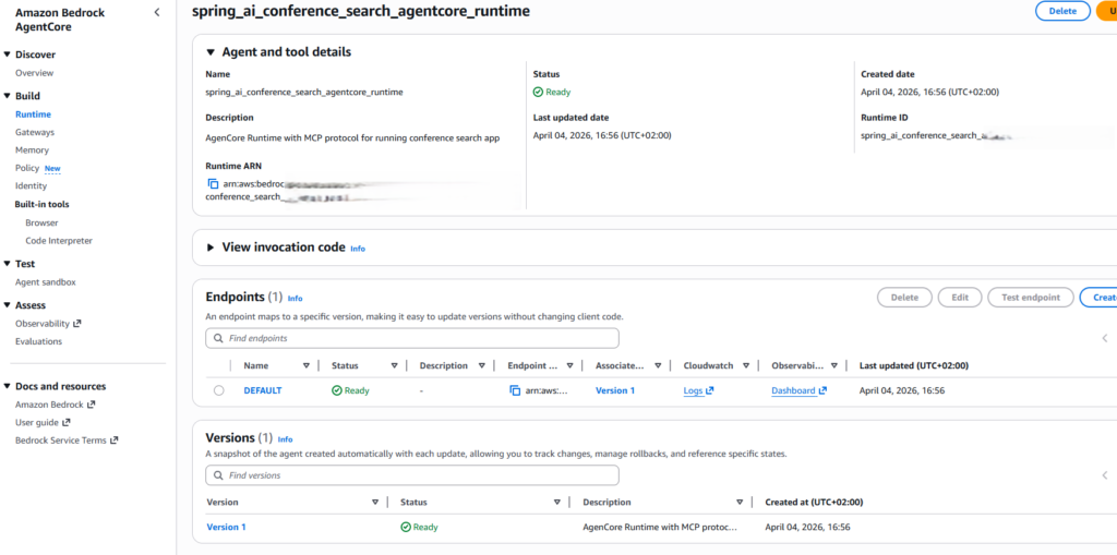 Created AgentCore Runtime with MCP protocol for the conference search application