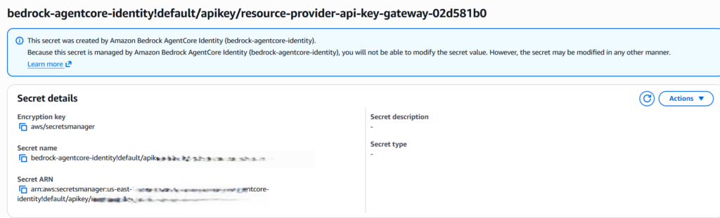 AgentCore Identity API Key Resource Provider Secret