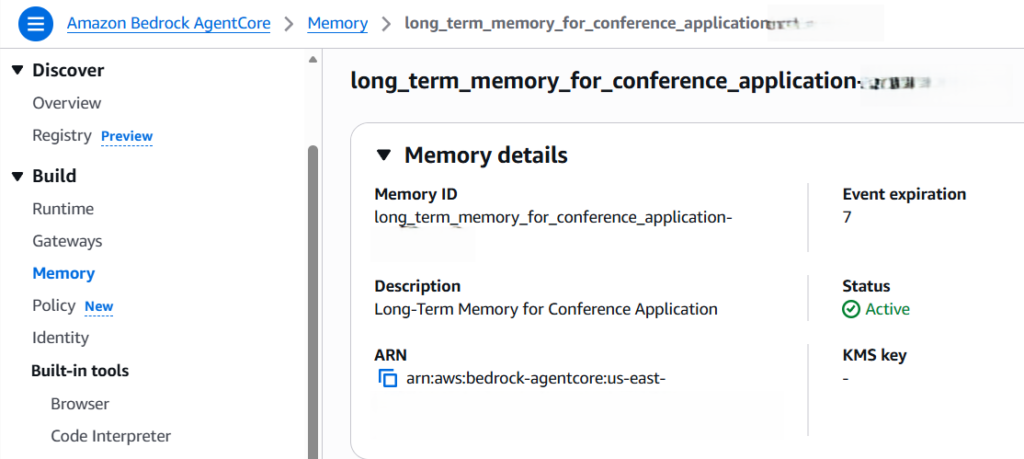 Created Amazon Bedrock AgentCore long-term Memory