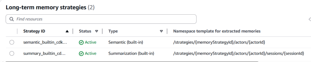 Created Amazon Bedrock AgentCore long-term Memory strategies