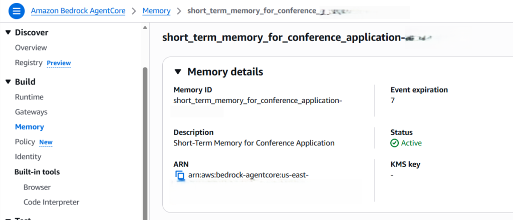 Created Amazon Bedrock AgentCore short-term Memory