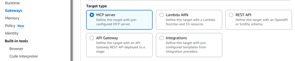 Supported AgentCore Gateway types