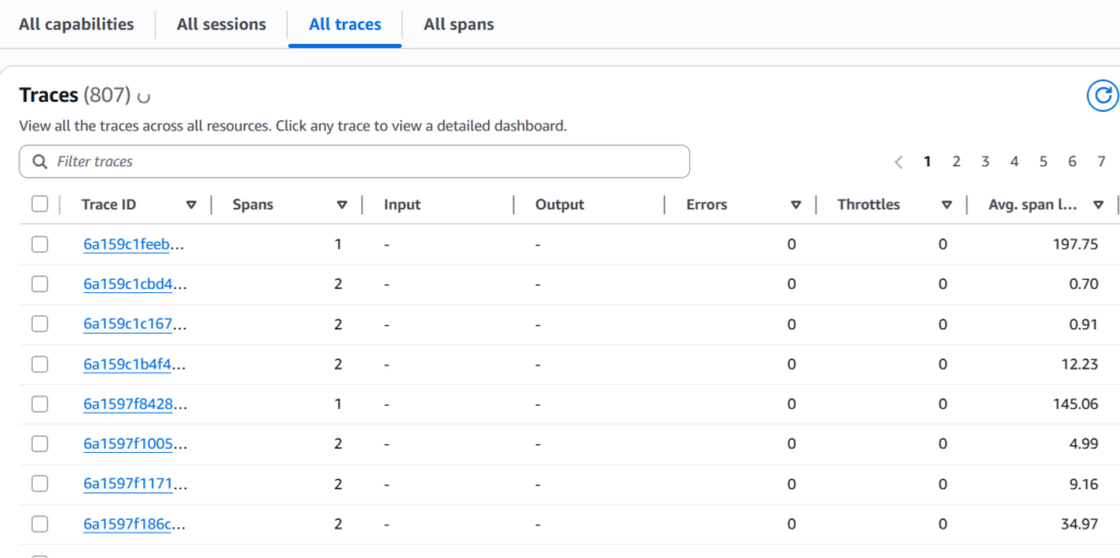 AgentCore Observability- All straces view