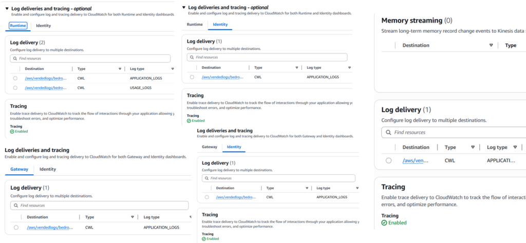 Configured Logging and Tracing for all AgentCore services