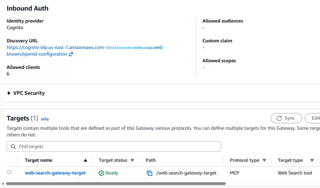 Create AgentCore Gateway Web Search Tool Target 1